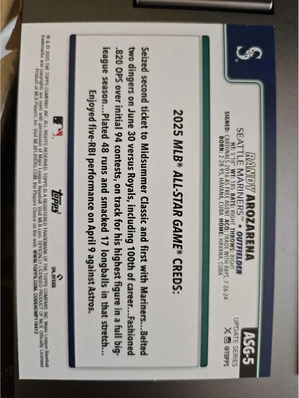 2025 Topps Update- Randy Arozarena- All-Star Game Chrome Insert #ASG-5 -Mariners
